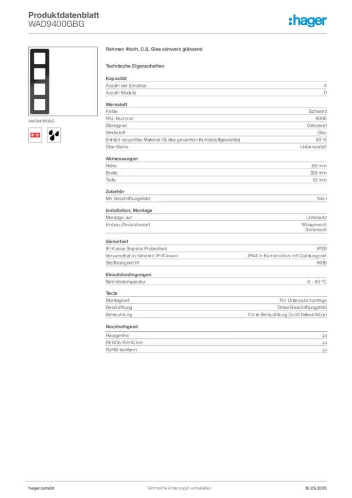 Bild Hager Produktdatenblatt WAD9400GBG | Hager Deutschland