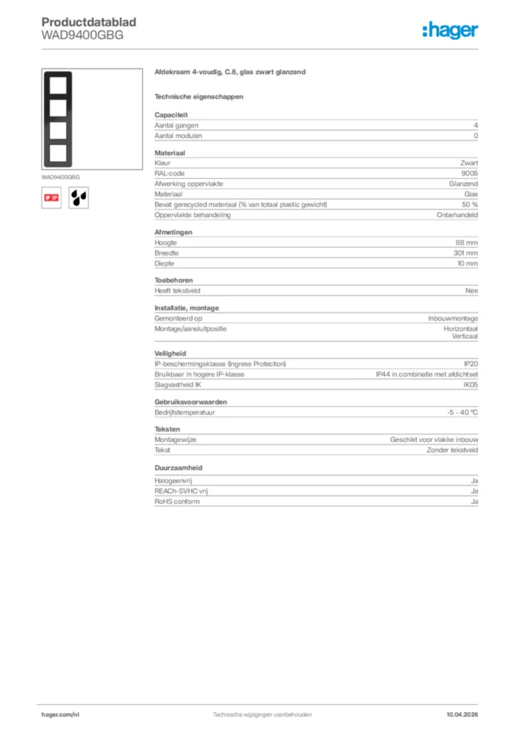 Afbeelding Hager Productdatablad WAD9400GBG | Hager Nederland
