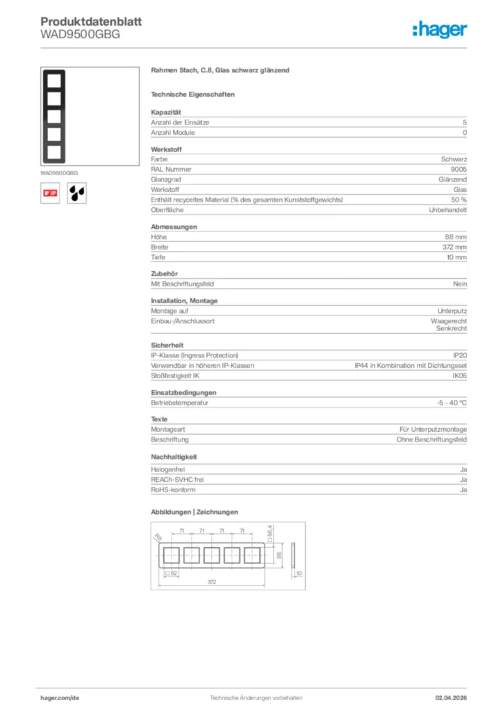 Bild Hager Produktdatenblatt WAD9500GBG | Hager Deutschland