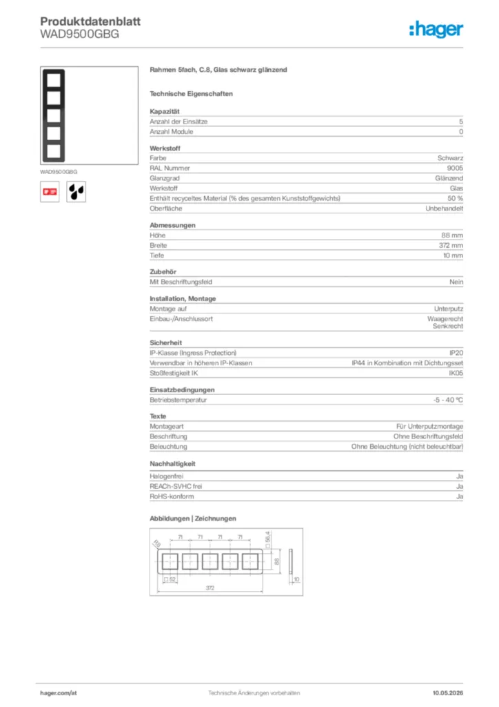 Bild Hager Produktdatenblatt WAD9500GBG | Hager Deutschland