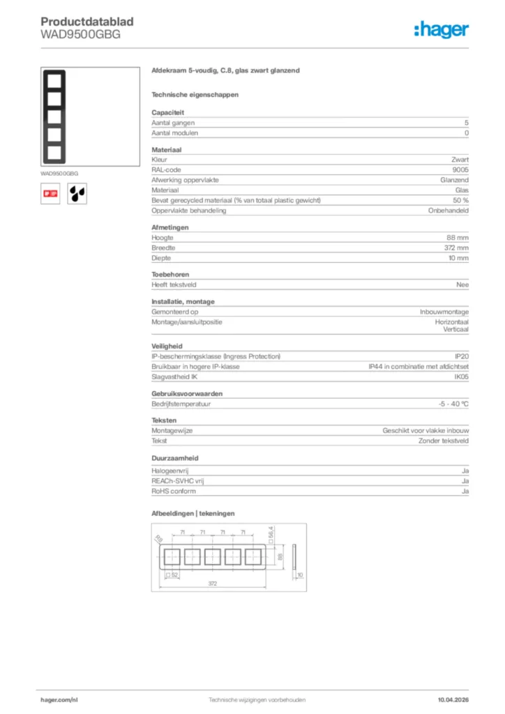 Afbeelding Hager Productdatablad WAD9500GBG | Hager Nederland