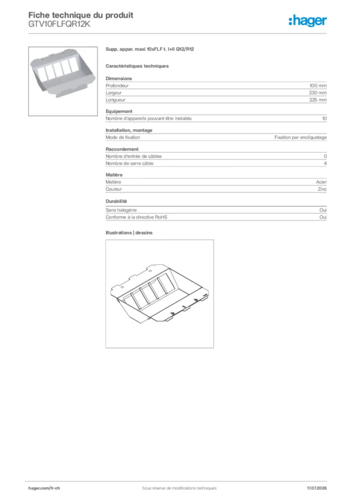 Image Hager Fiche technique du produit GTV10FLFQR12K | Hager Suisse