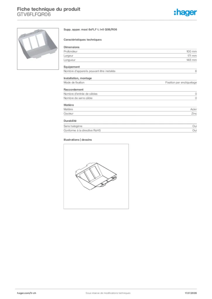 Image Hager Fiche technique du produit GTV6FLFQR06 | Hager Suisse