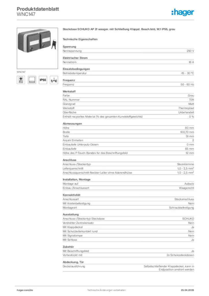 Bild Hager Produktdatenblatt WNC147 | Hager Deutschland