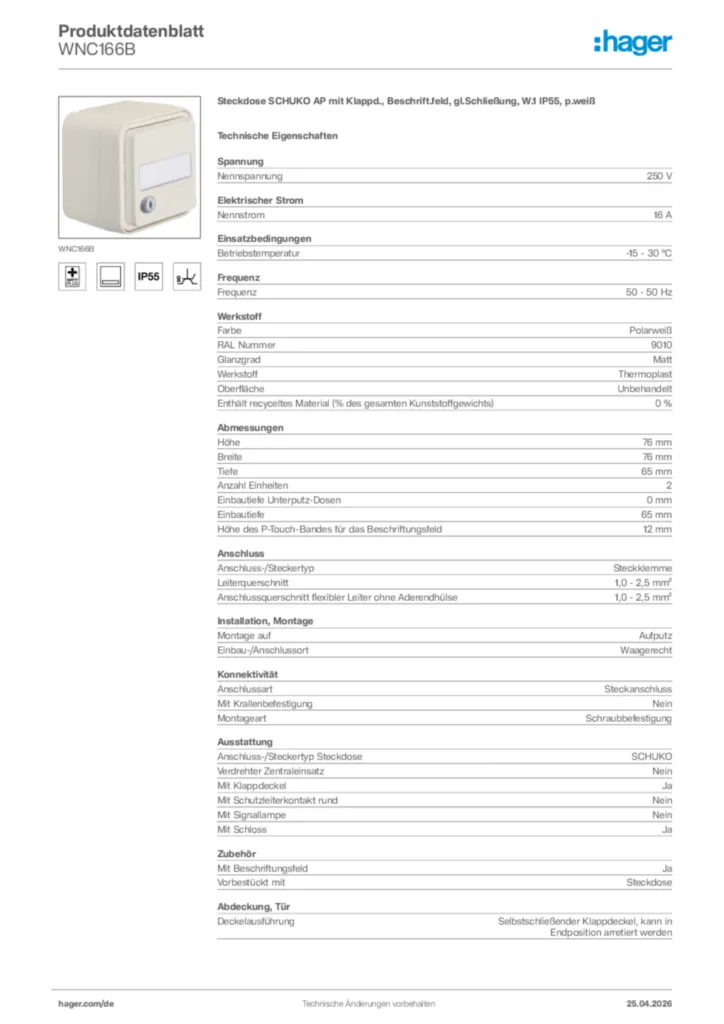 Bild Hager Produktdatenblatt WNC166B | Hager Deutschland