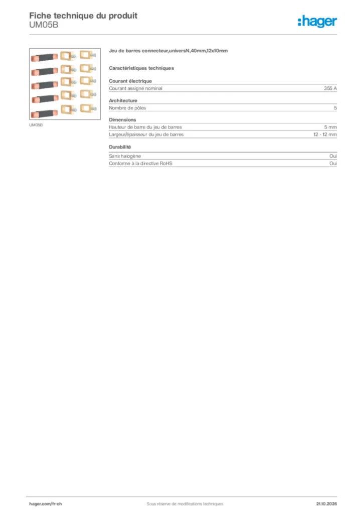 Image Hager Fiche technique du produit UM05B | Hager Suisse