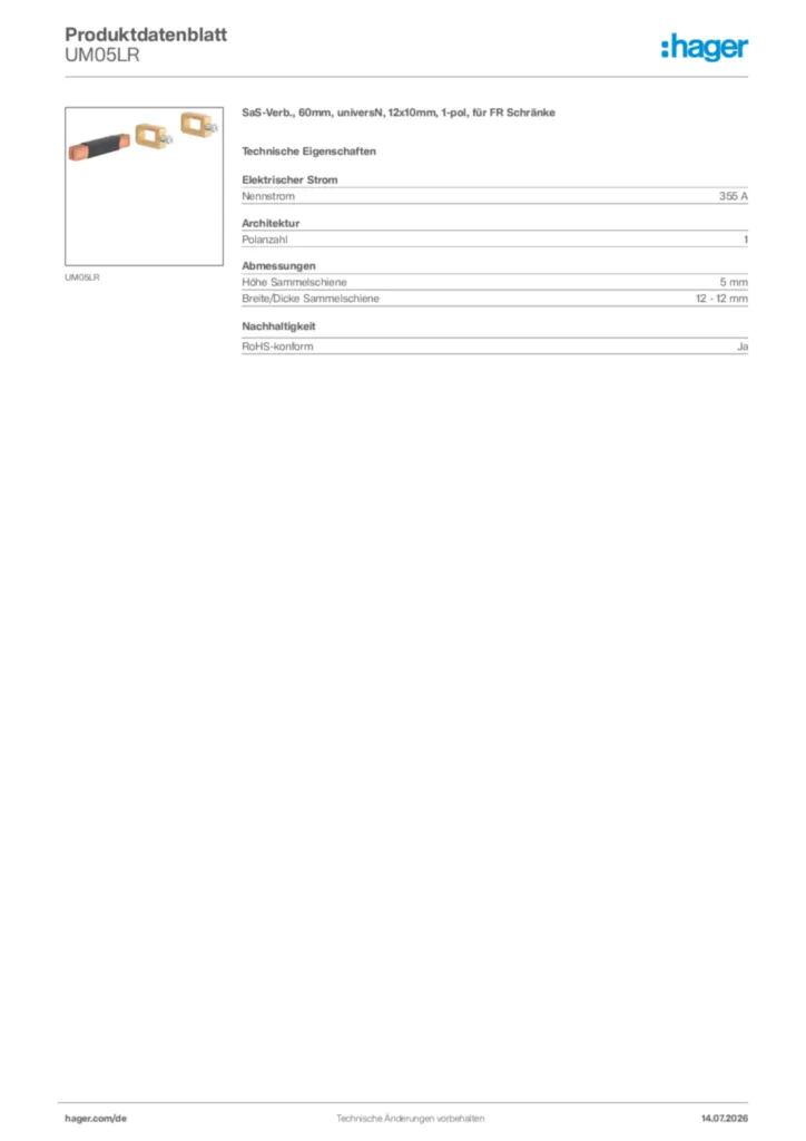 Bild Hager Produktdatenblatt UM05LR | Hager Deutschland