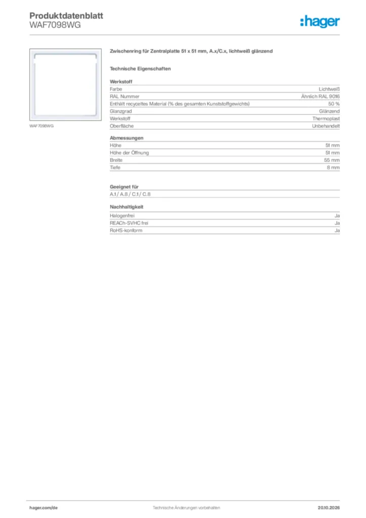 Bild Hager Produktdatenblatt WAF7098WG | Hager Deutschland