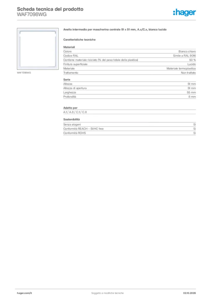 Immagine Hager Scheda tecnica del prodotto WAF7098WG | Hager Italia