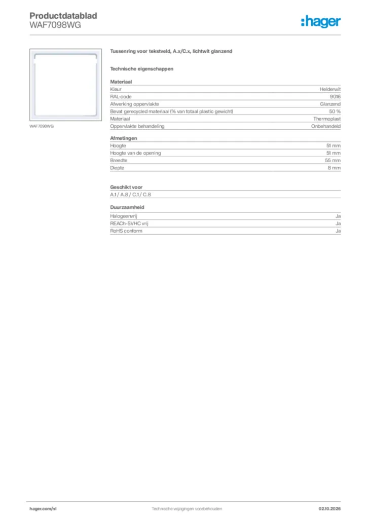 Afbeelding Hager Productdatablad WAF7098WG | Hager Nederland