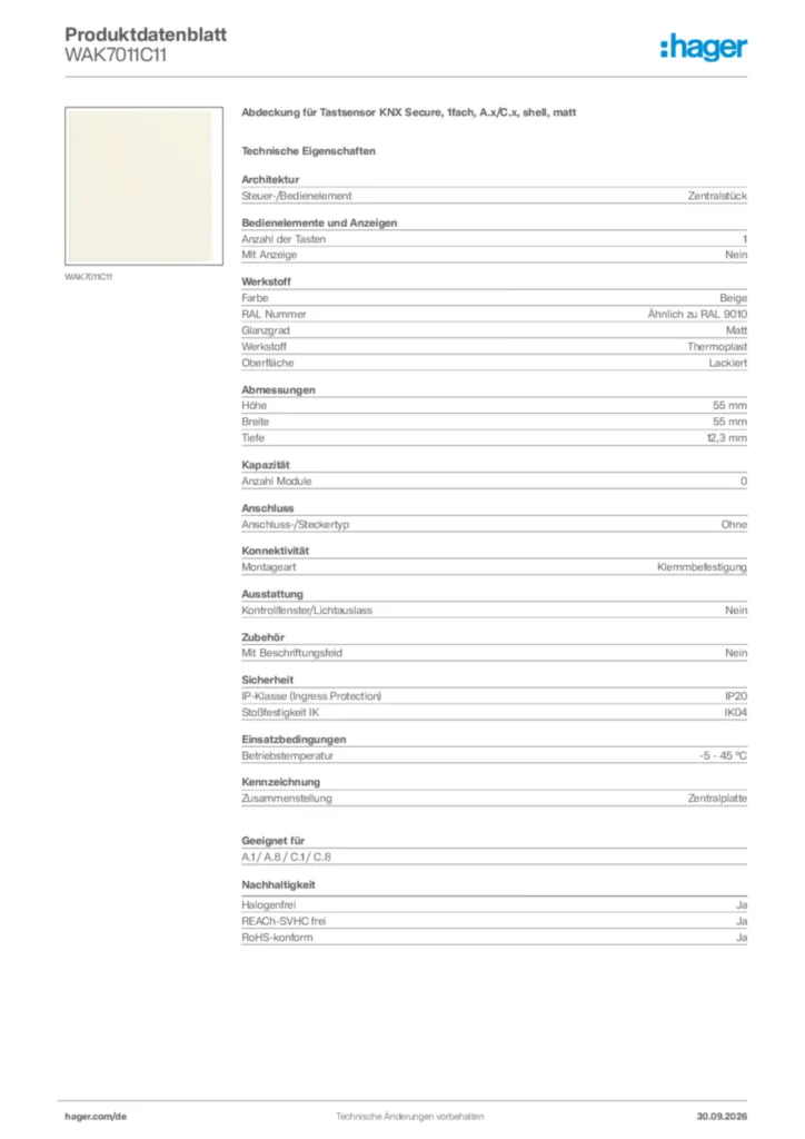 Bild Hager Produktdatenblatt WAK7011C11 | Hager Deutschland
