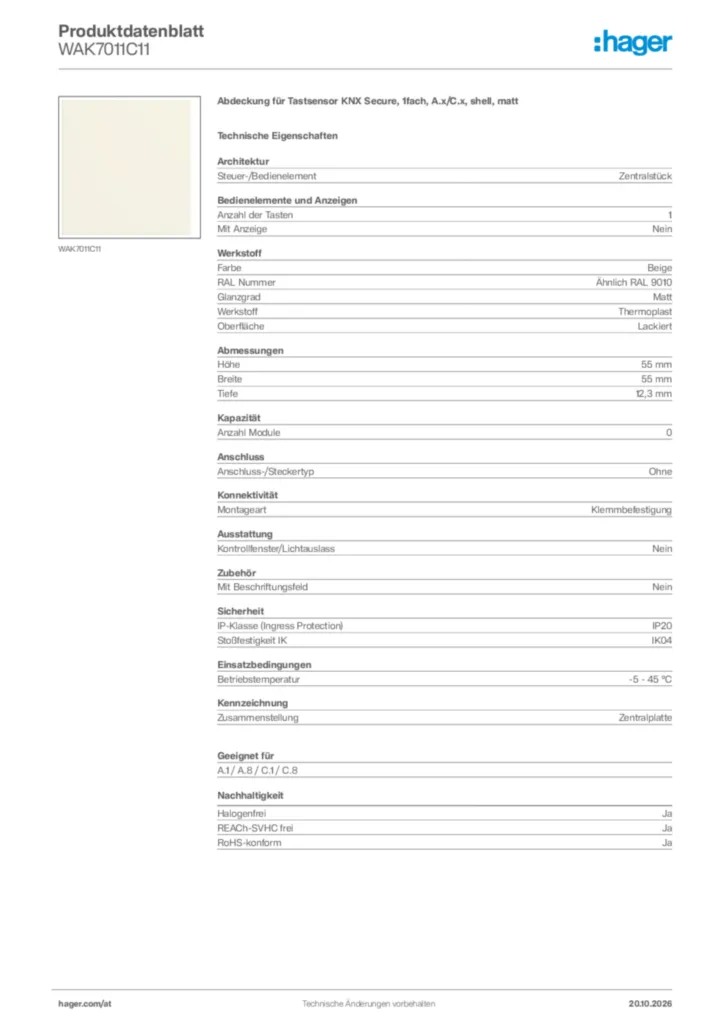 Bild Hager Produktdatenblatt WAK7011C11 | Hager Deutschland