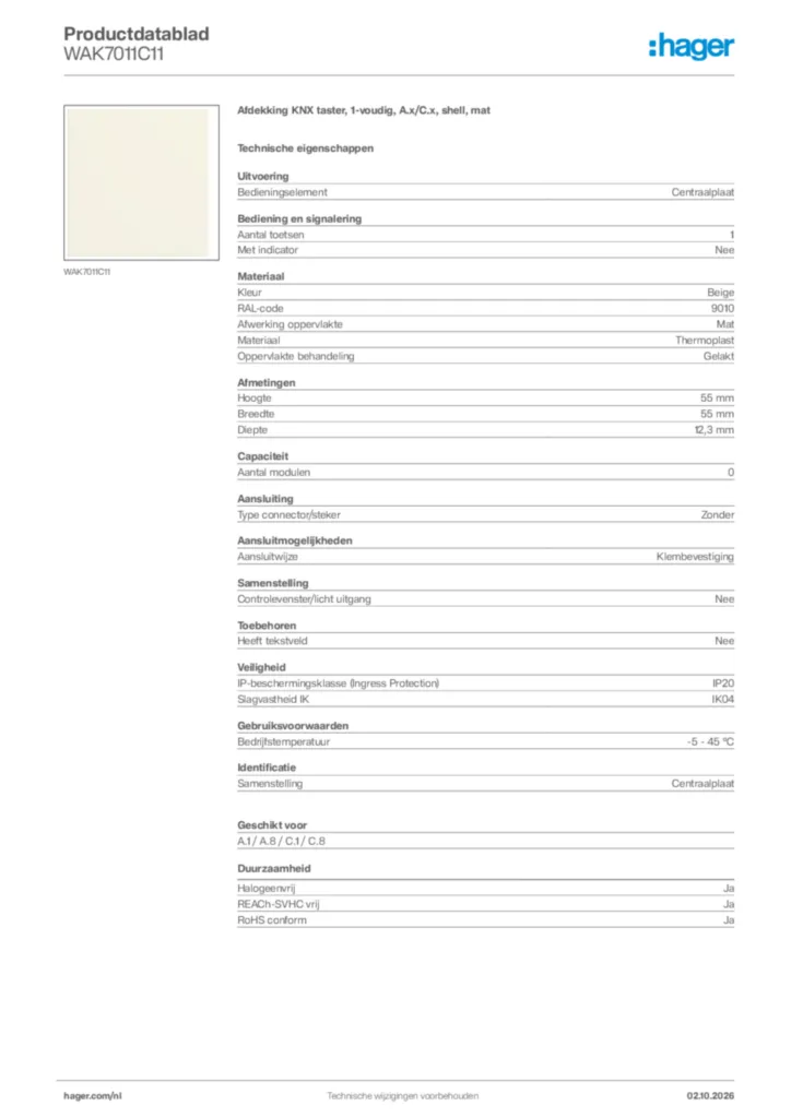 Afbeelding Hager Productdatablad WAK7011C11 | Hager Nederland