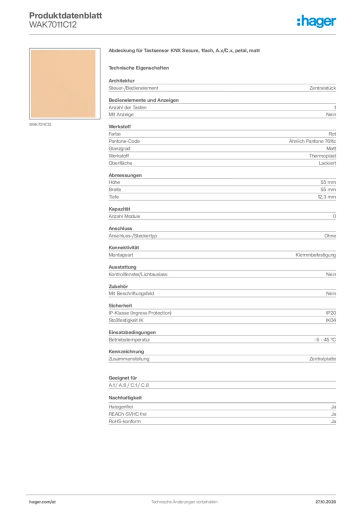 Bild Hager Produktdatenblatt WAK7011C12 | Hager Deutschland
