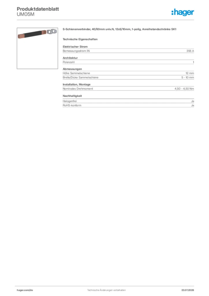 Bild Hager Produktdatenblatt UM05M | Hager Deutschland