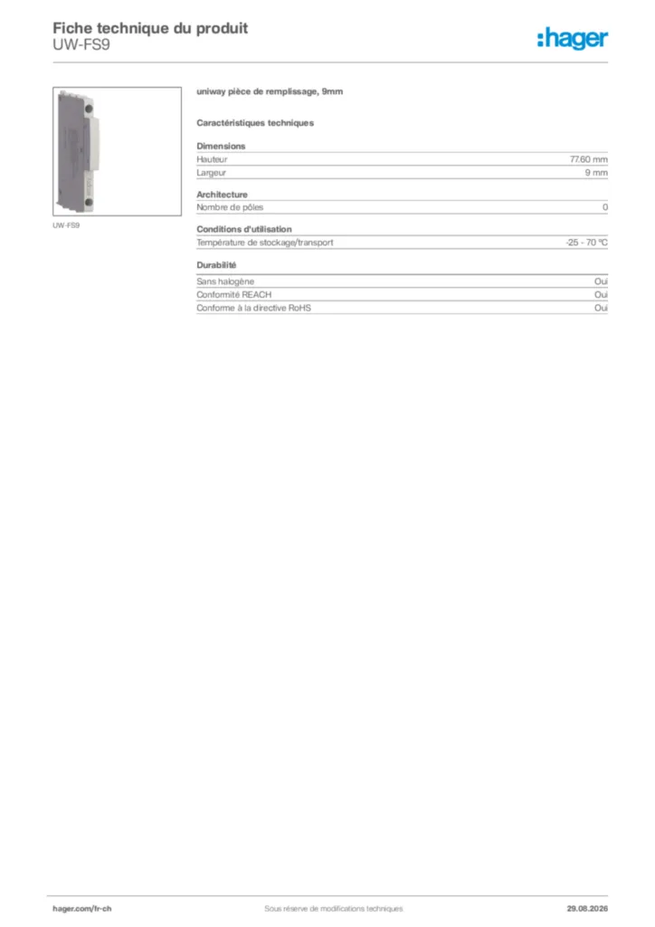 Image Hager Fiche technique du produit UW-FS9 | Hager Suisse