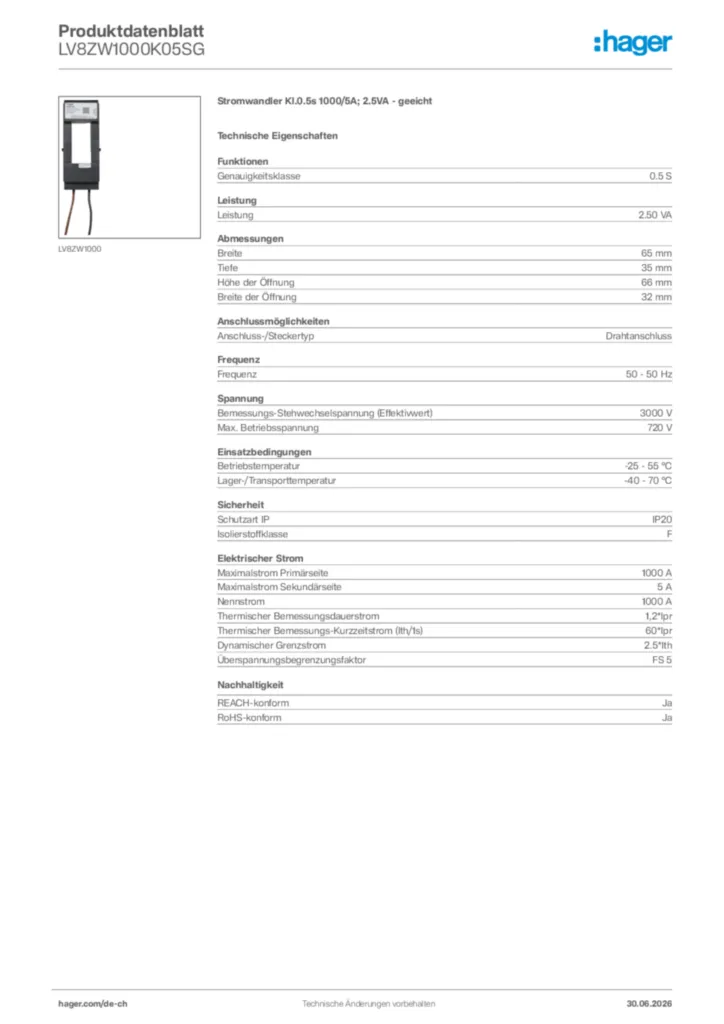 Bild Hager Produktdatenblatt LV8ZW1000K05SG | Hager Schweiz