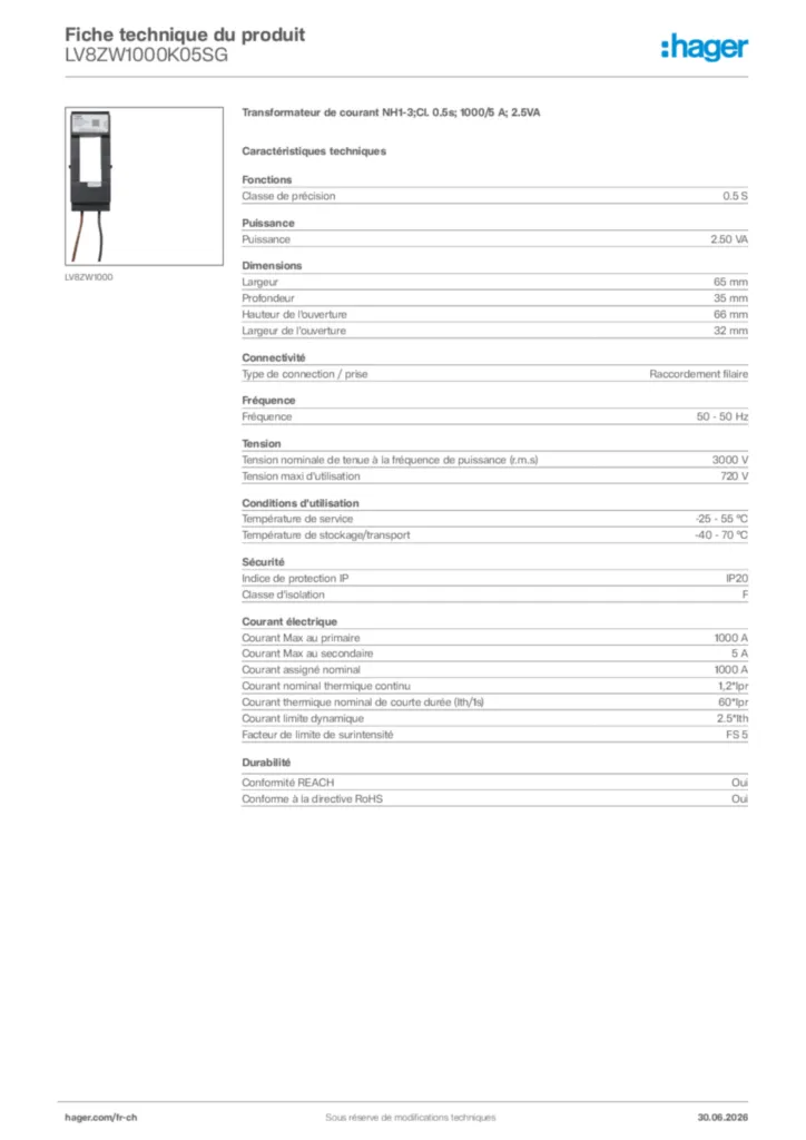 Image Hager Fiche technique du produit LV8ZW1000K05SG | Hager Suisse