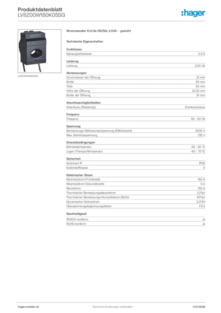 Bild Hager Produktdatenblatt LV8Z00W150K05SG | Hager Schweiz
