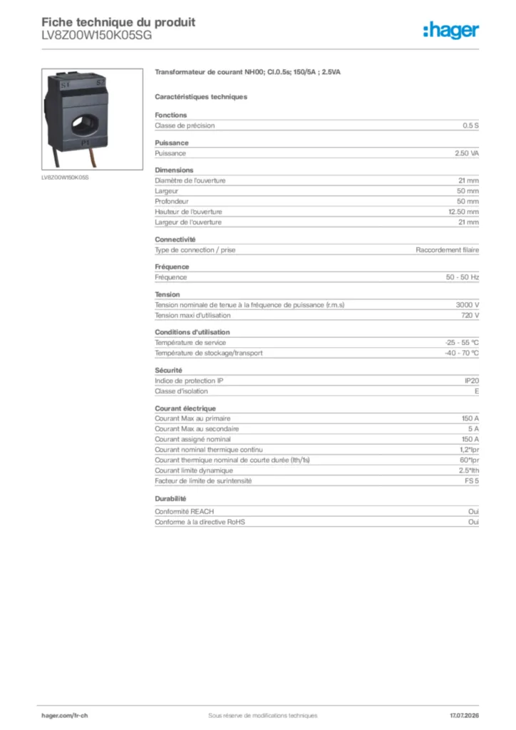 Image Hager Fiche technique du produit LV8Z00W150K05SG | Hager Suisse