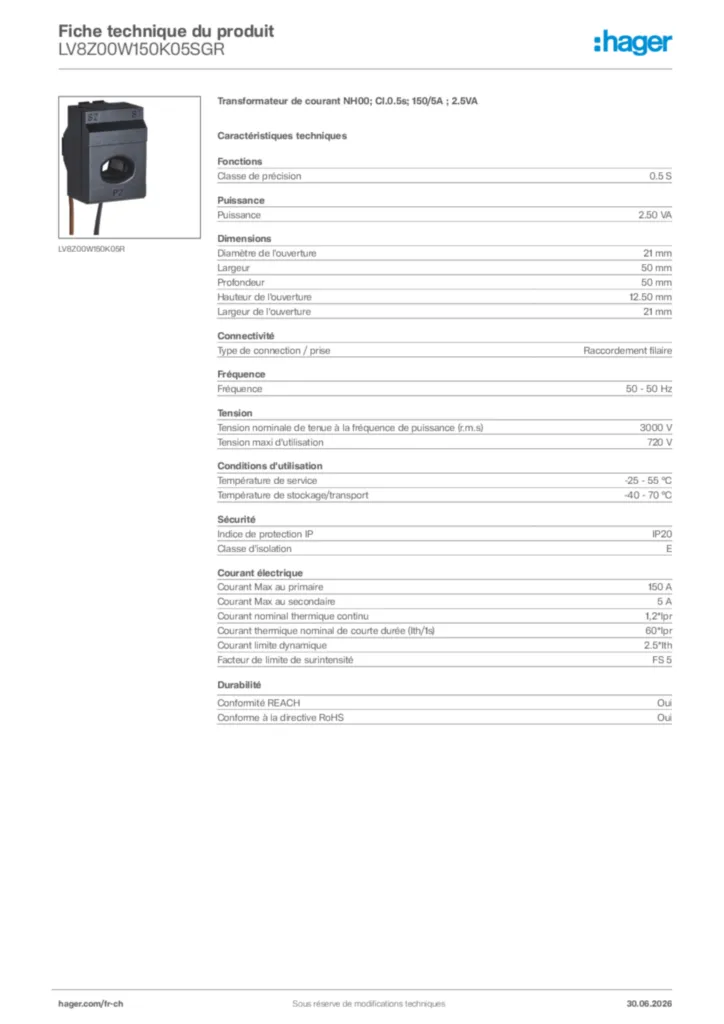 Image Hager Fiche technique du produit LV8Z00W150K05SGR | Hager Suisse
