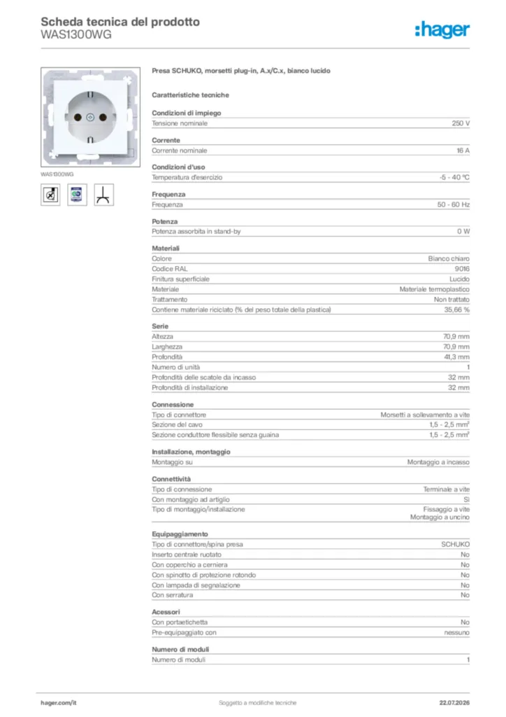 Immagine Hager Scheda tecnica del prodotto WAS1300WG | Hager Italia