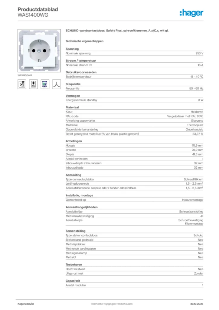 Afbeelding Hager Productdatablad WAS1400WG | Hager Nederland
