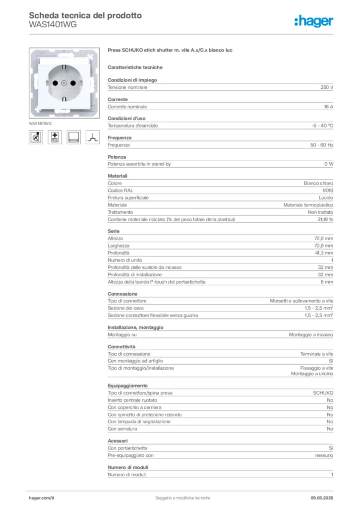 Immagine Hager Scheda tecnica del prodotto WAS1401WG | Hager Italia