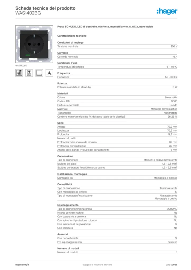 Immagine Hager Scheda tecnica del prodotto WAS1402BG | Hager Italia