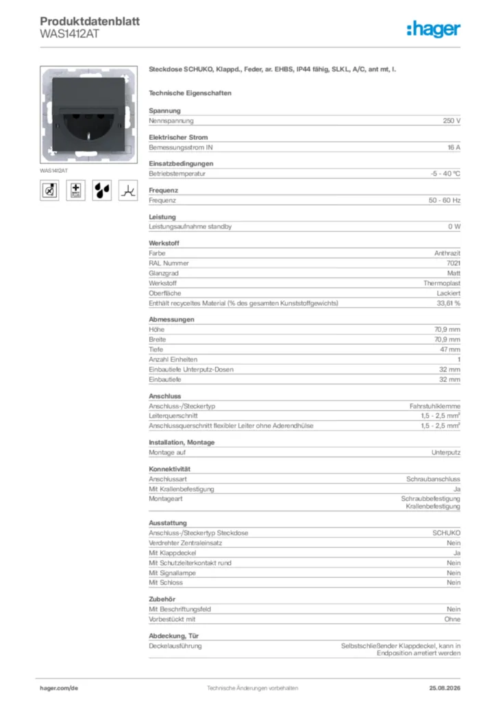 Bild Hager Produktdatenblatt WAS1412AT | Hager Deutschland