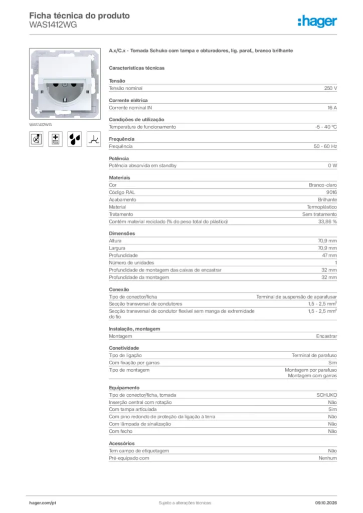 Imagem Hager Ficha técnica do produto WAS1412WG | Hager Portugal
