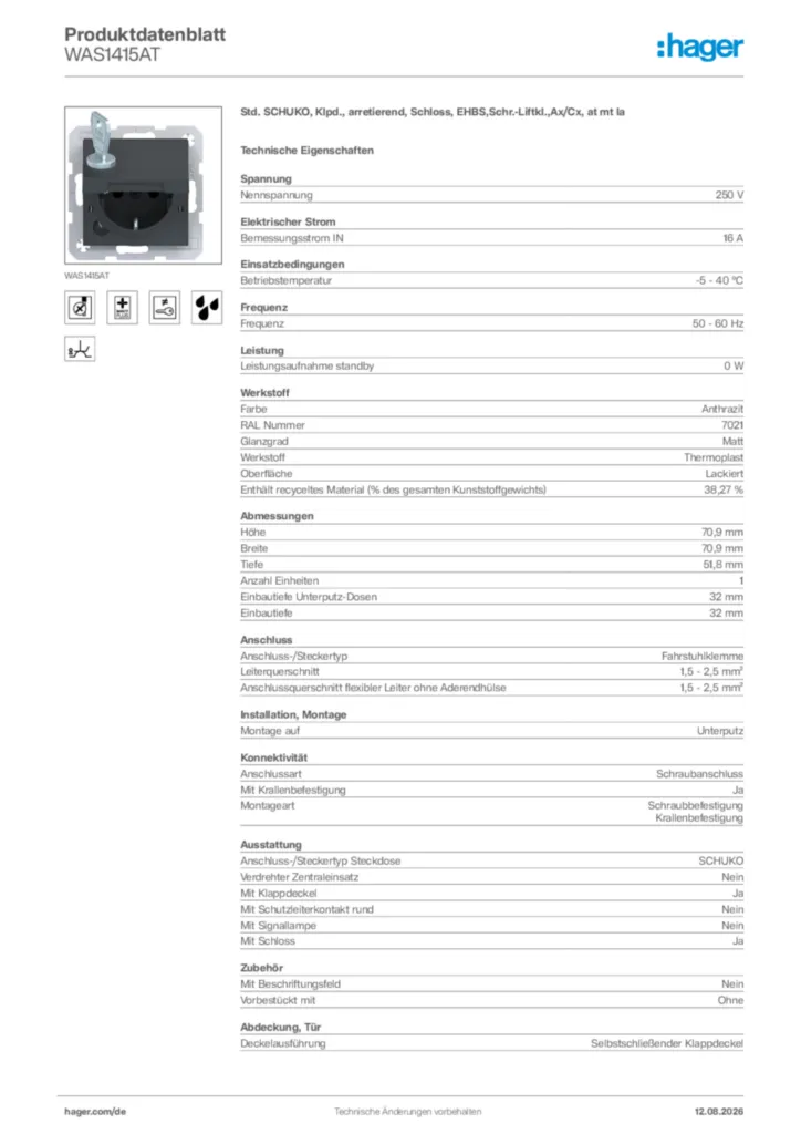 Bild Hager Produktdatenblatt WAS1415AT | Hager Deutschland