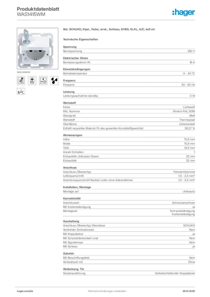 Bild Hager Produktdatenblatt WAS1415WM | Hager Deutschland