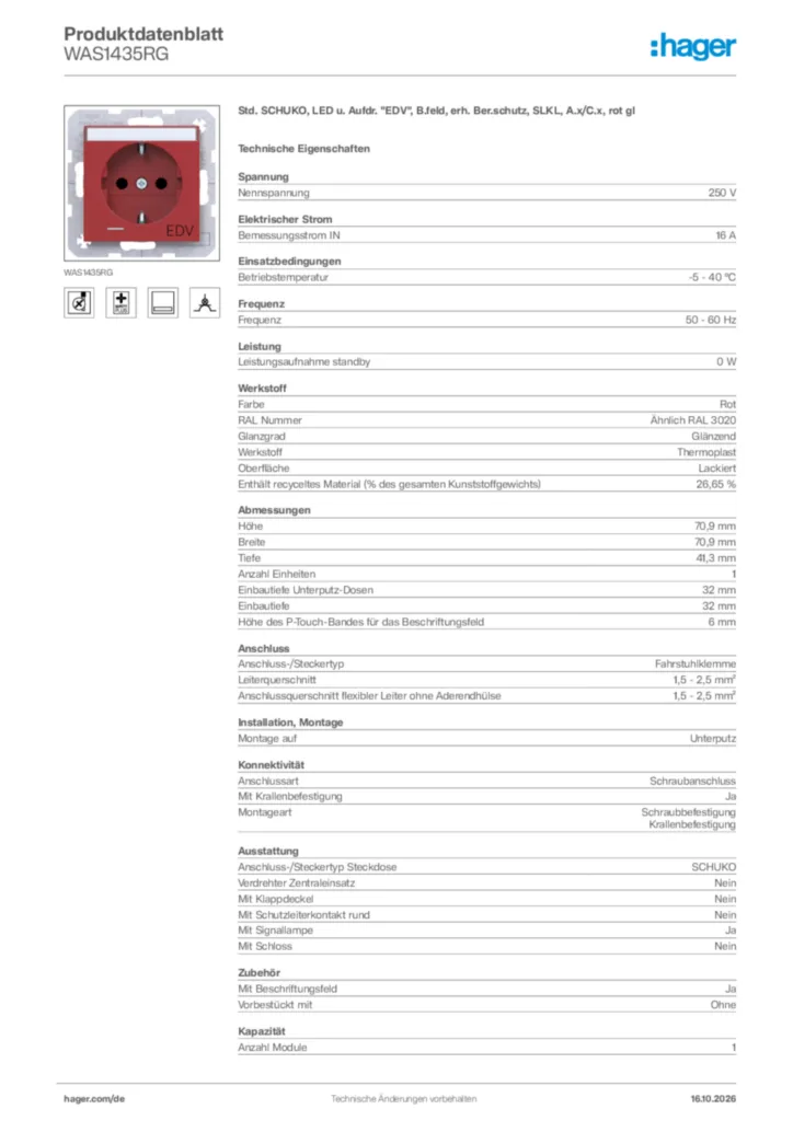Bild Hager Produktdatenblatt WAS1435RG | Hager Deutschland