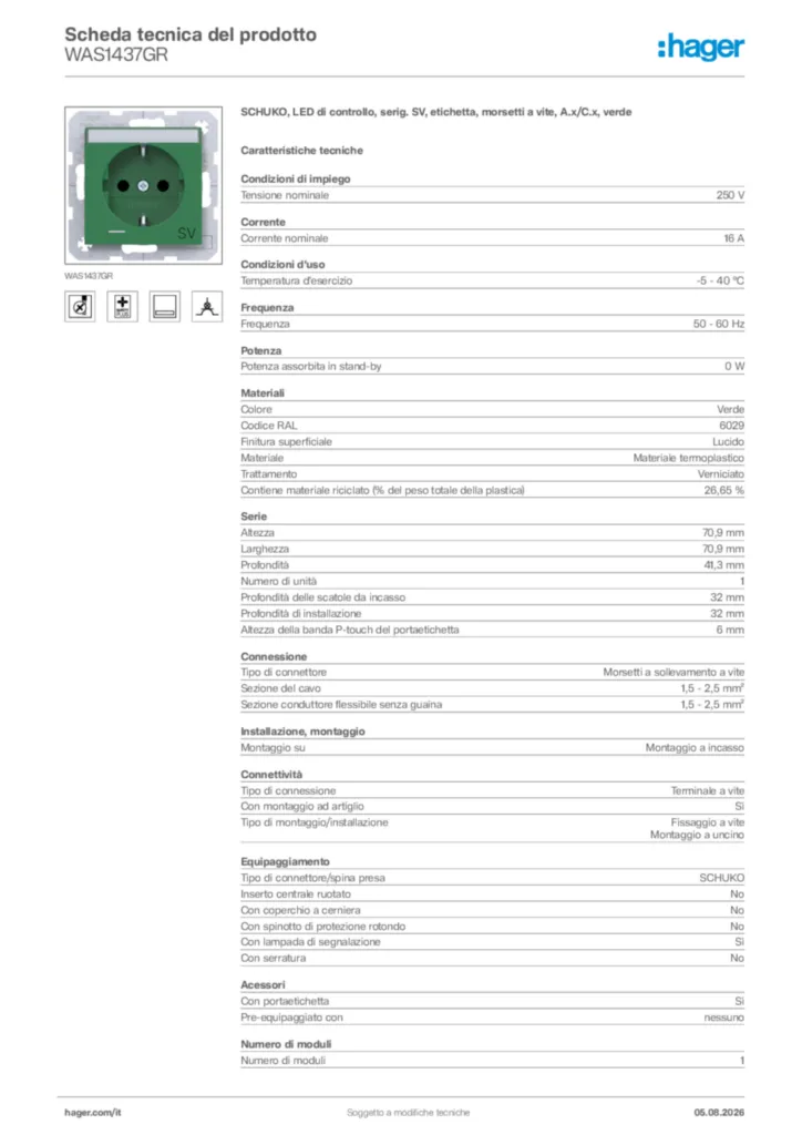 Immagine Hager Scheda tecnica del prodotto WAS1437GR | Hager Italia