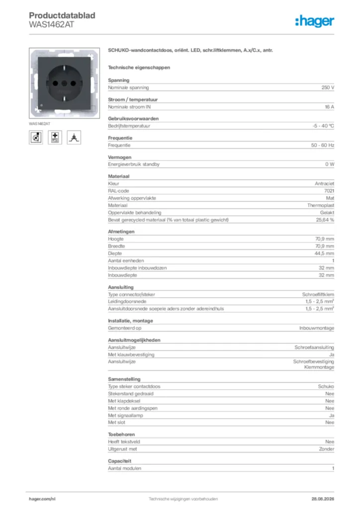 Afbeelding Hager Productdatablad WAS1462AT | Hager Nederland