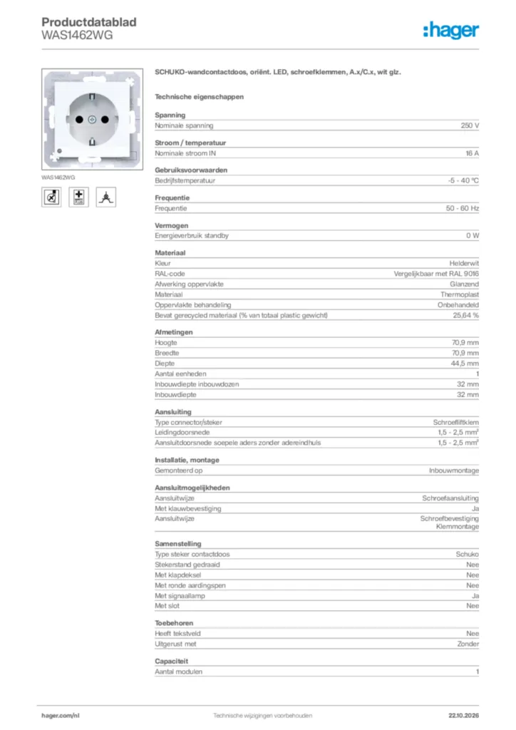 Afbeelding Hager Productdatablad WAS1462WG | Hager Nederland