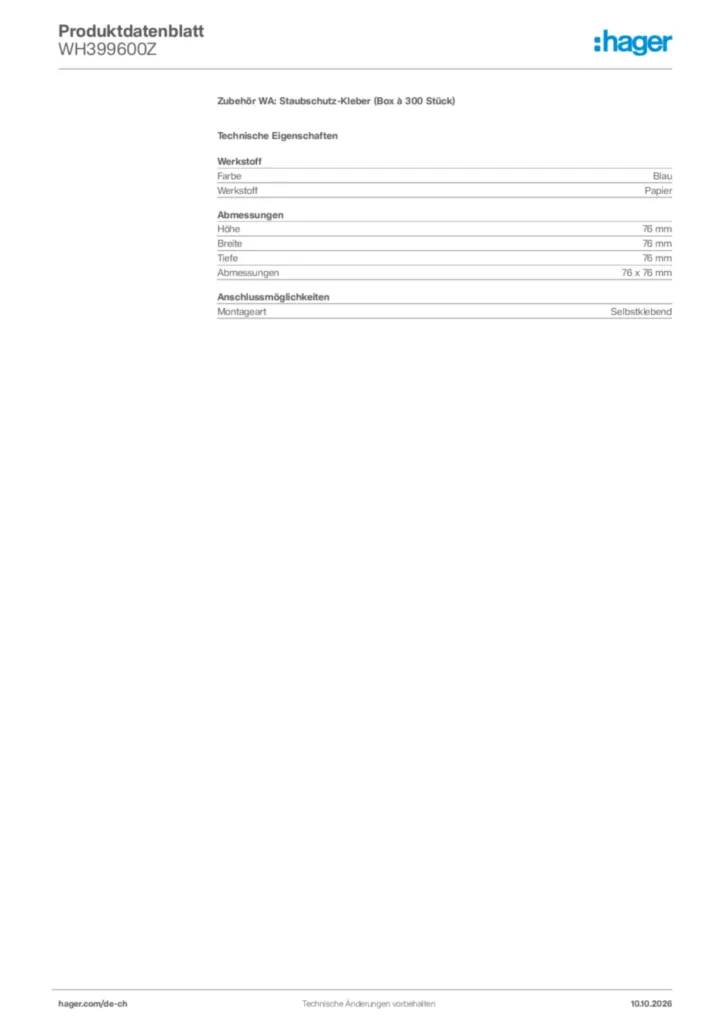 Bild Hager Produktdatenblatt WH399600Z | Hager Schweiz
