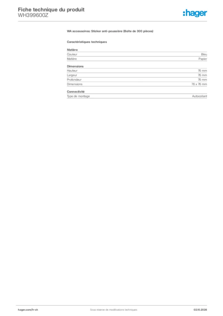 Image Hager Fiche technique du produit WH399600Z | Hager Suisse